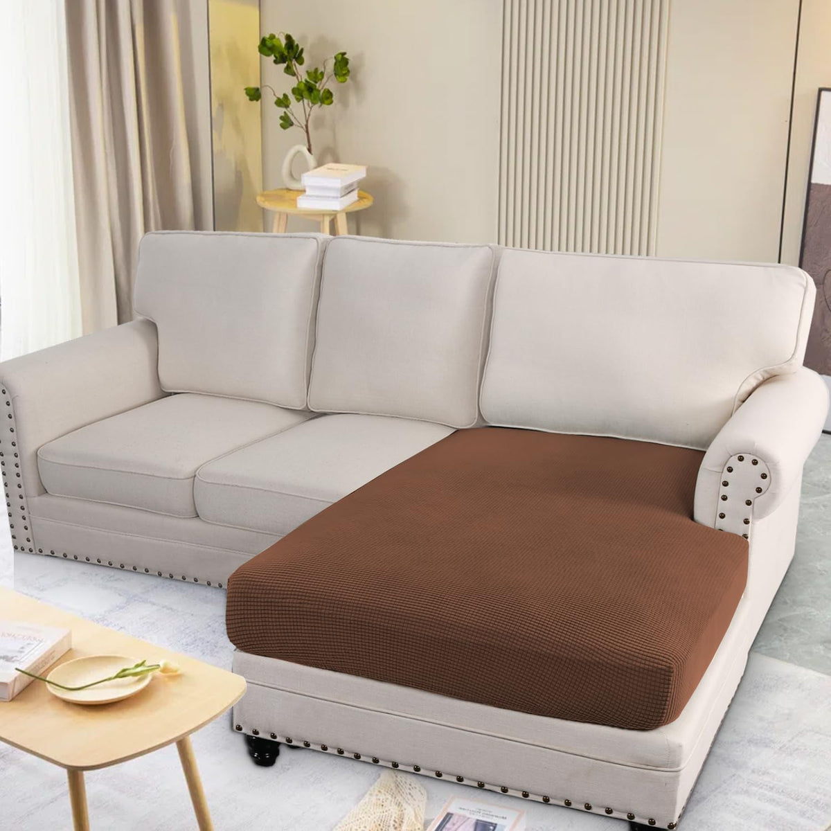 H.VERSAILTEX Super Stretch Individual Chaise Cover Sectional Couch Covers for L Shaped Sofa Both Left/Right Featuring Thick Jacquard Textured Twill Fabric (1 Piece Chaise Cover, Caramel)