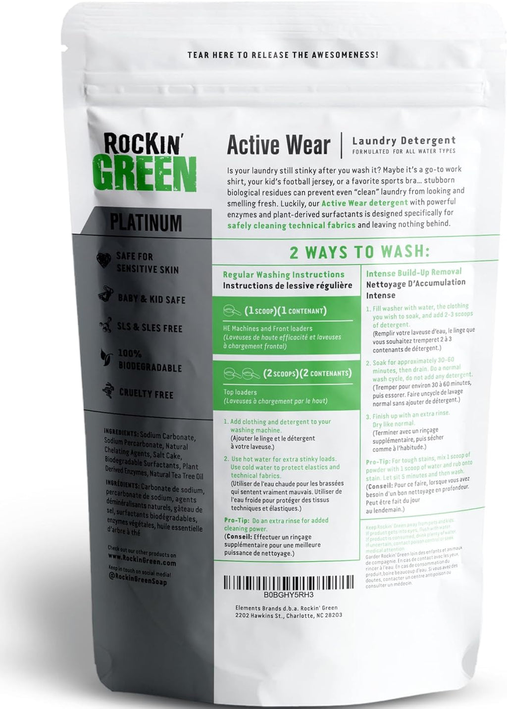 Rockin' Green Laundry Detergent, Plant based, All Natural Laundry Detergent Powder, Vegan and Biodegradable Odor Fighter, Safe for Sensitive Skin (Active Wear 90 Loads - Freshwood Mac)