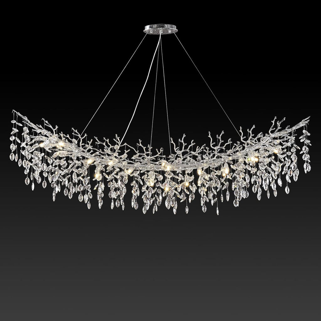 Modern Crystal Silver Chandelier,72" Large Rectangular Chandeliers for Dining Room, Tree Branch Crystal Lving Room Chandelier,Dining Room Over Table Chandelier,Fixture Height-Adjustable