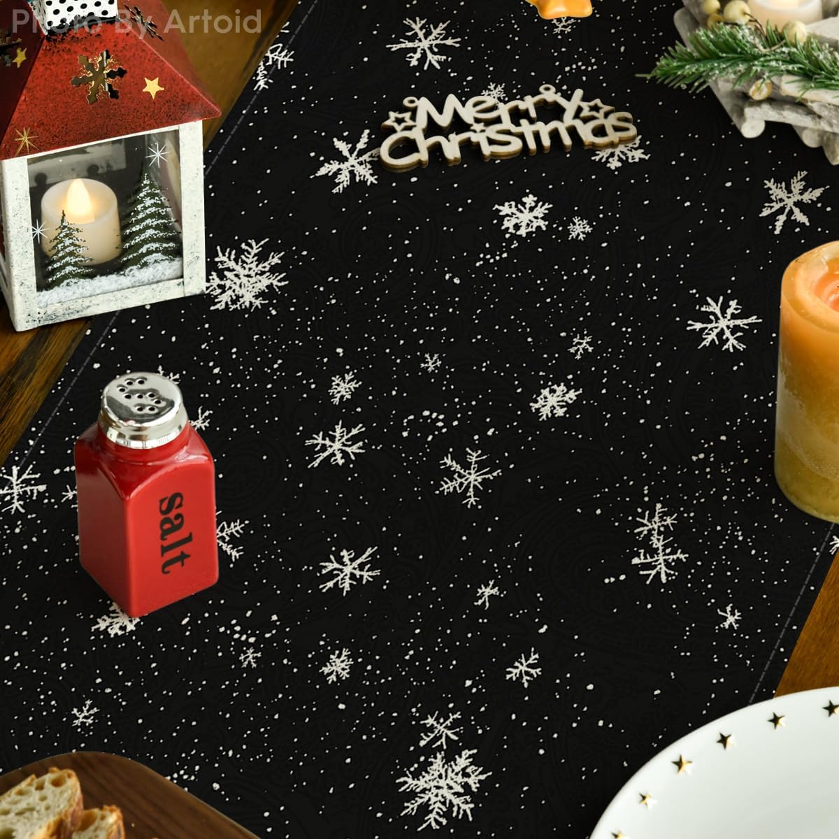 Artoid Mode Snowman Birds Trees Christmas Table Runner, Seasonal Black Winter Holiday Kitchen Dining Table Decoration for Home Party Decor 13 x 60 Inch