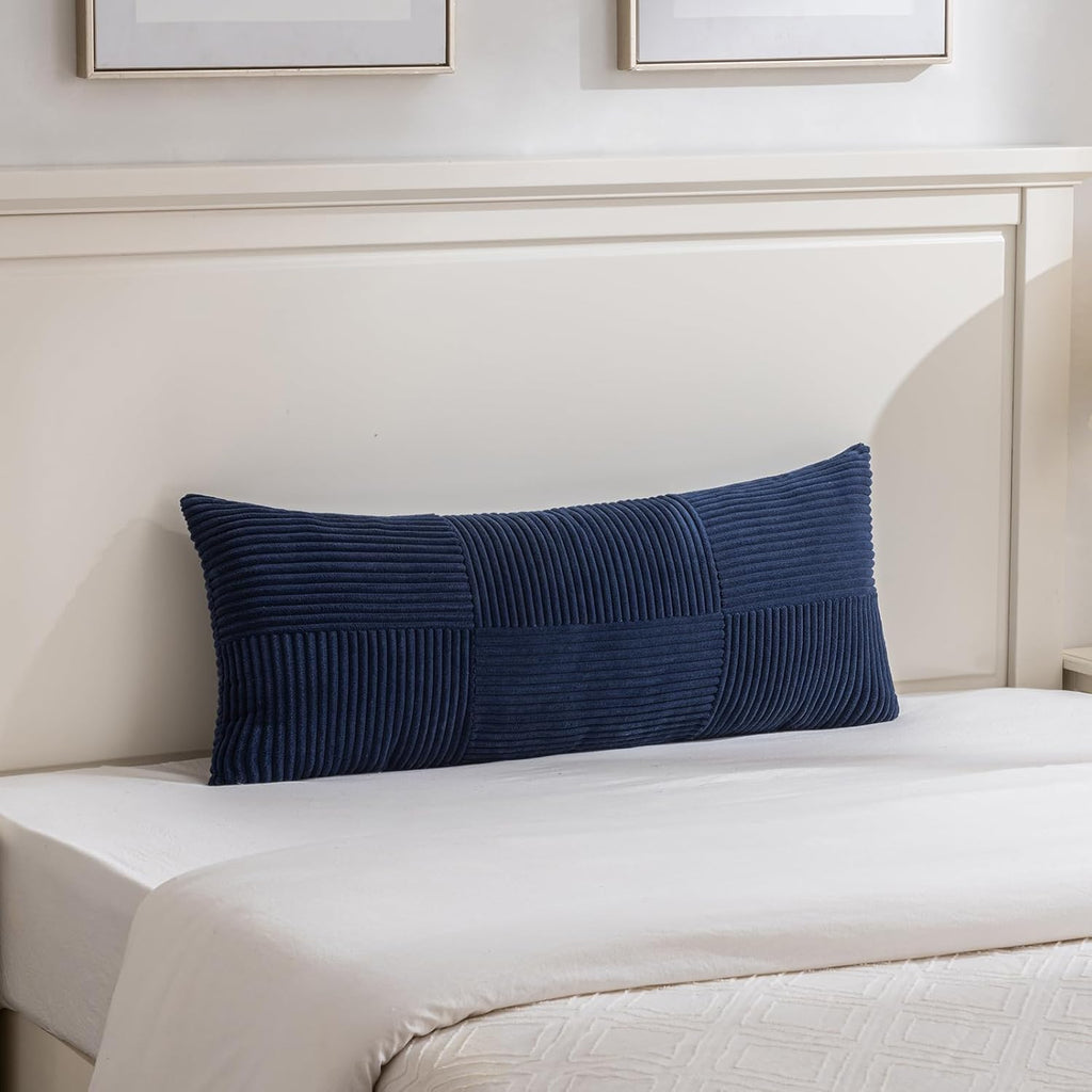 Fancy Homi Set of 2 Navy Blue Boho Long Lumbar Body Decorative Throw Pillow Cover 14x36 Inch for Bed Couch Bedroom Bench, Soft Patchwork Corduroy Textured Pillow Case, Rustic Farmhouse Room Décor