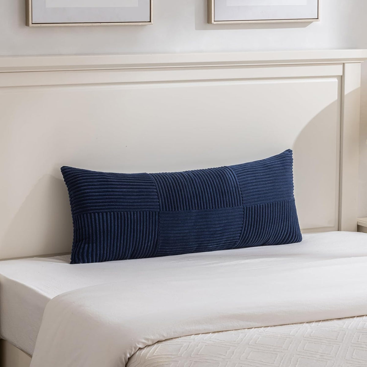 Fancy Homi Set of 2 Navy Blue Boho Long Lumbar Body Decorative Throw Pillow Cover 14x36 Inch for Bed Couch Bedroom Bench, Soft Patchwork Corduroy Textured Pillow Case, Rustic Farmhouse Room Décor