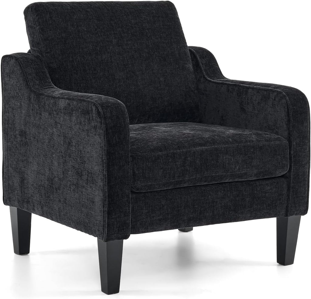 VINGLI Mid Century Modern Accent Chairs, Black Soft Chenille Reading Chair Upholstered Armchair Side Chairs Sofa Couches for Living Room, Bedroom, Apartment