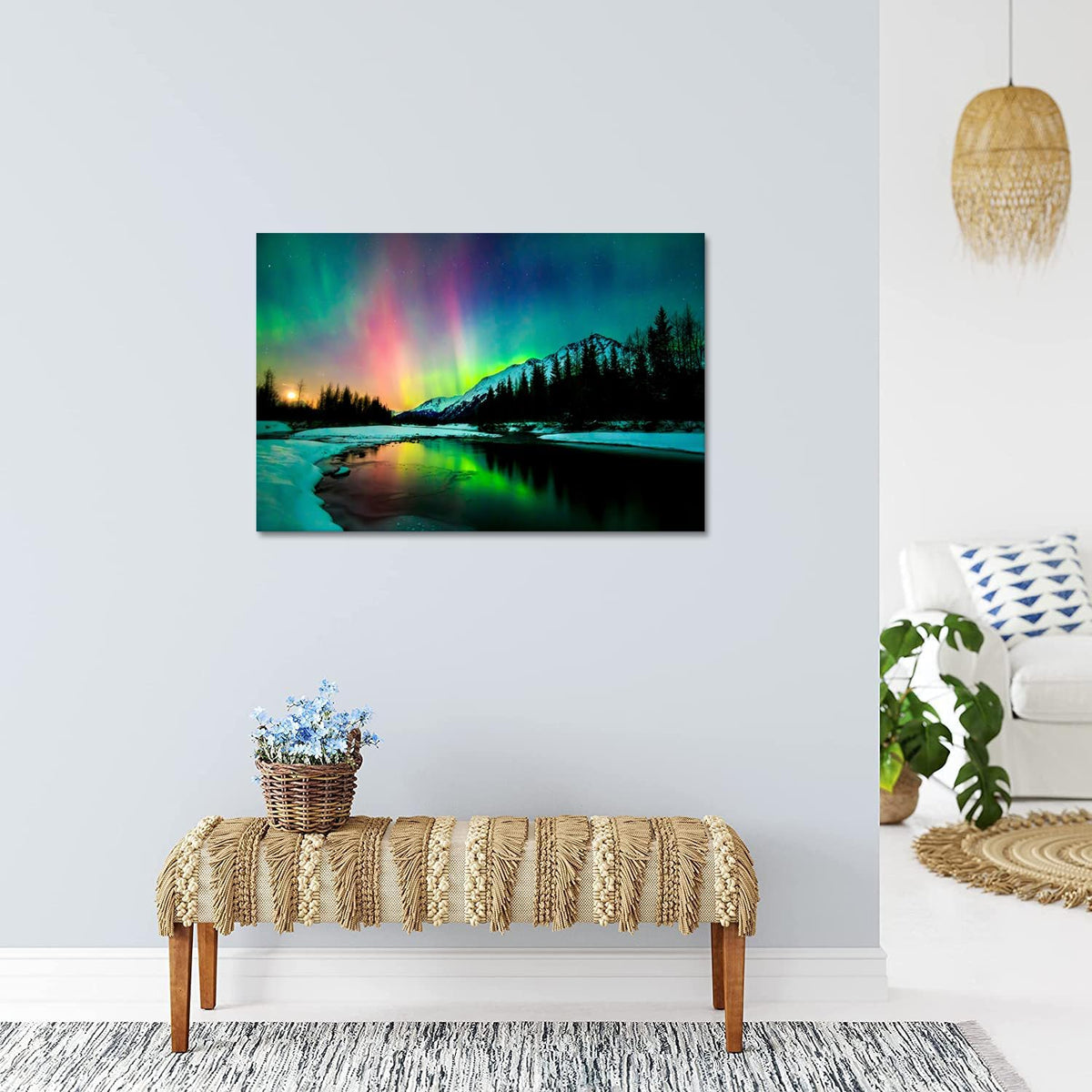Aurora Borealis Canvas Wall Art Northern Lights Canvas Print Painting for Living Room Snowy-Mountains-Landscape Poster Picture Wooden Framed Prints Ready to Hang(16.00"x24.00")