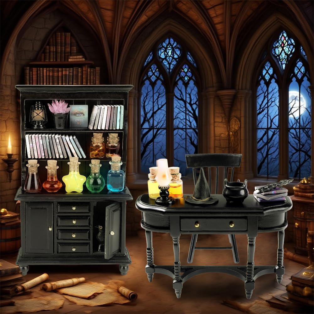 56 Pcs Halloween Miniatures Decorations 1:12 Scale Magic House Accessories Mini Wooden Bookshelf Furniture Set Tiny Sorcery Bottles Books Desk Chair Witch Hat Dollhouse Decor