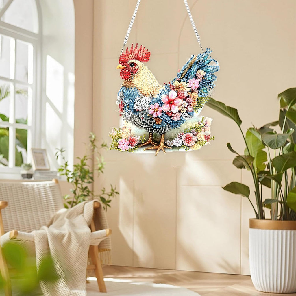 Lxmsja DIY Chicken Flowers Diamond Painting Hanging Ornament, Double-Sided Acrylic Sceney Diamond Art Kit, Special Shaped Drill Pendant Window Art Kit, Suncatcher Hanging Craft Decoration 8x7 inch