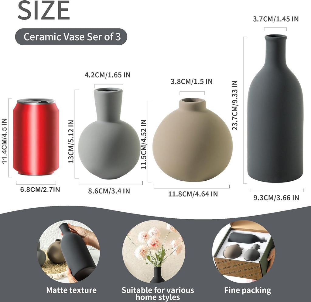 Ceramic Vase Set of 3 | Neutral Vases Home Decor | Modern Flower Pottery Vases Rustic Farmhouse Vase for Table Entryway Mantel Centerpiece Bookshelf Living Room Bathroom Bedroom -Multicolor Large
