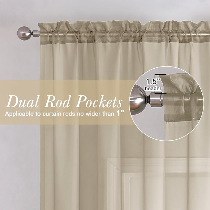 Taupe Sheer Curtains 78 Inches Long 2 Panels, Elegant Light Filtering Voile - Image 2