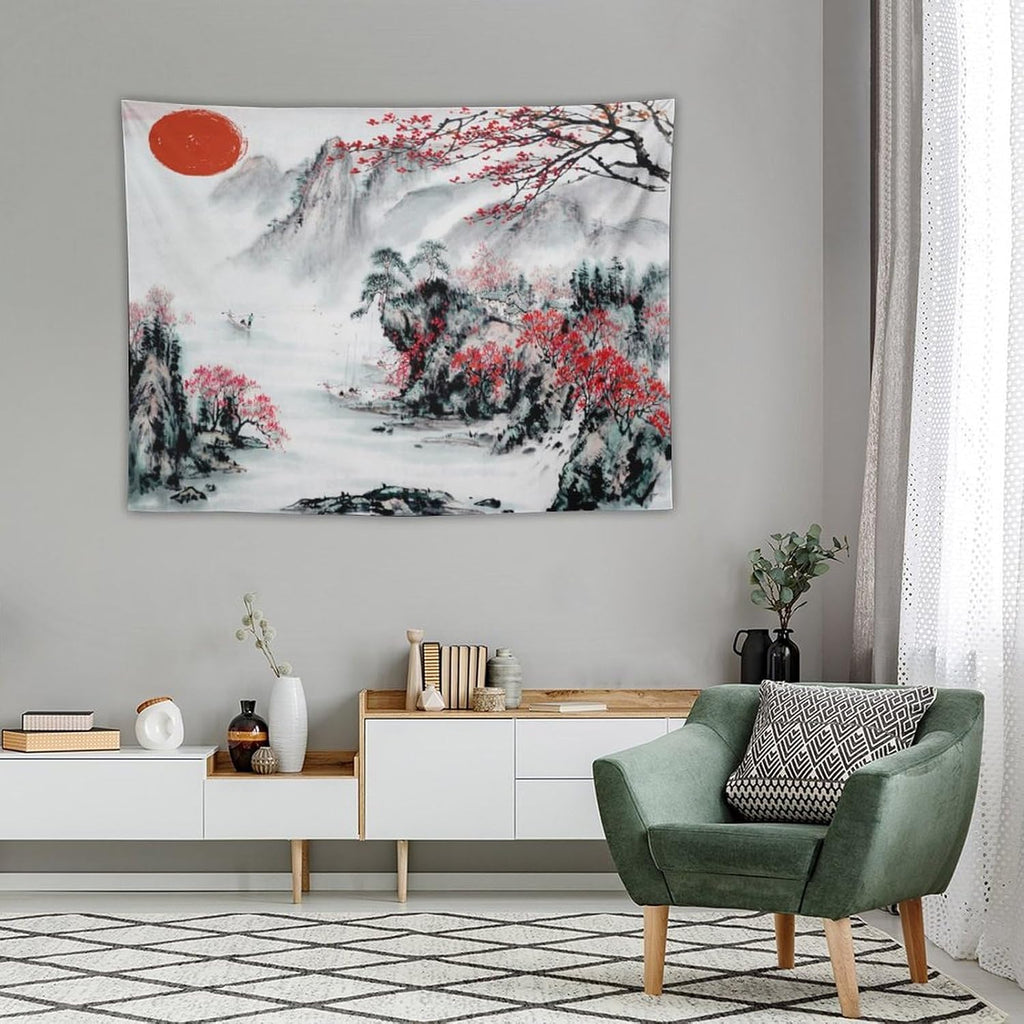 Cherry Blossoms Tapestry, Japanese Red Landscape Asian Watercolor Abstract Art, Bedroom Living Room Decor 40"x30"