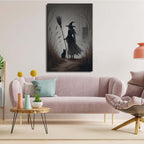 Vintage forest witch and black cat poster Halloween mural poster decoration mural art magic suitable for home living room bedroom16x24in Wood Framed