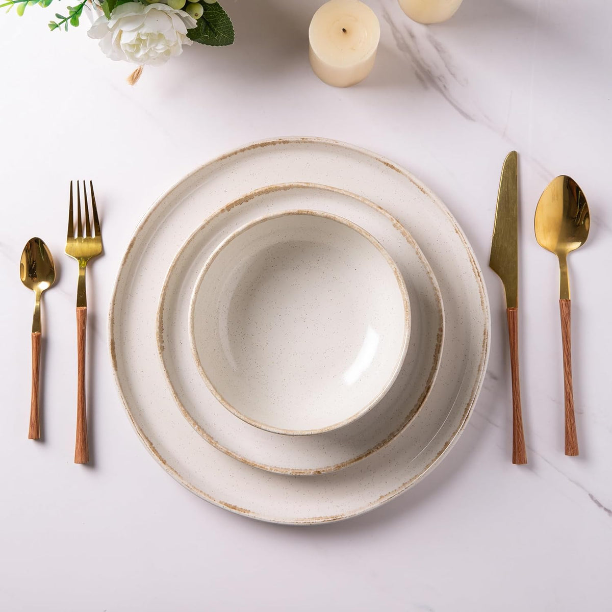 AmorArc Ceramic Dinnerware Sets, Wavy Rim Stoneware Plates and Bowls Sets, Highly Chip and Crack Resistant | Dishwasher & Microwave Dishes set, Service for 4 (12pc)-Speckled Cappuccino White