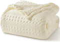 PHF 100% Cotton Waffle Weave Blanket Queen Size, Soft Lightweight Breathable Cozy Summer Blankets for Bed, Luxury Aesthetic Woven Bedding for Home Decor, 90"x90", Cannoli Cream