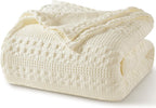 PHF 100% Cotton Waffle Weave Blanket Queen Size, Soft Lightweight Breathable Cozy Summer Blankets for Bed, Luxury Aesthetic Woven Bedding for Home Decor, 90"x90", Cannoli Cream
