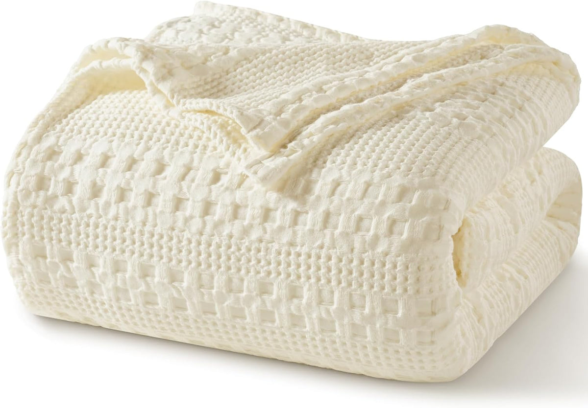 PHF 100% Cotton Waffle Weave Blanket Queen Size, Soft Lightweight Breathable Cozy Summer Blankets for Bed, Luxury Aesthetic Woven Bedding for Home Decor, 90"x90", Cannoli Cream
