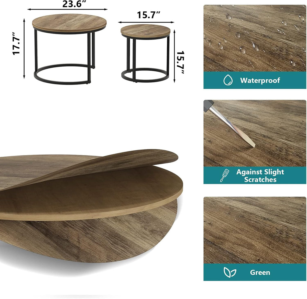 Smuxee Nesting Coffee Table Set of 2, 23.6" Round Coffee Table Wood Grain Top with Adjustable Non-Slip Feet, Industrial End Table Side Tables for Living Room Bedroom Balcony Yard