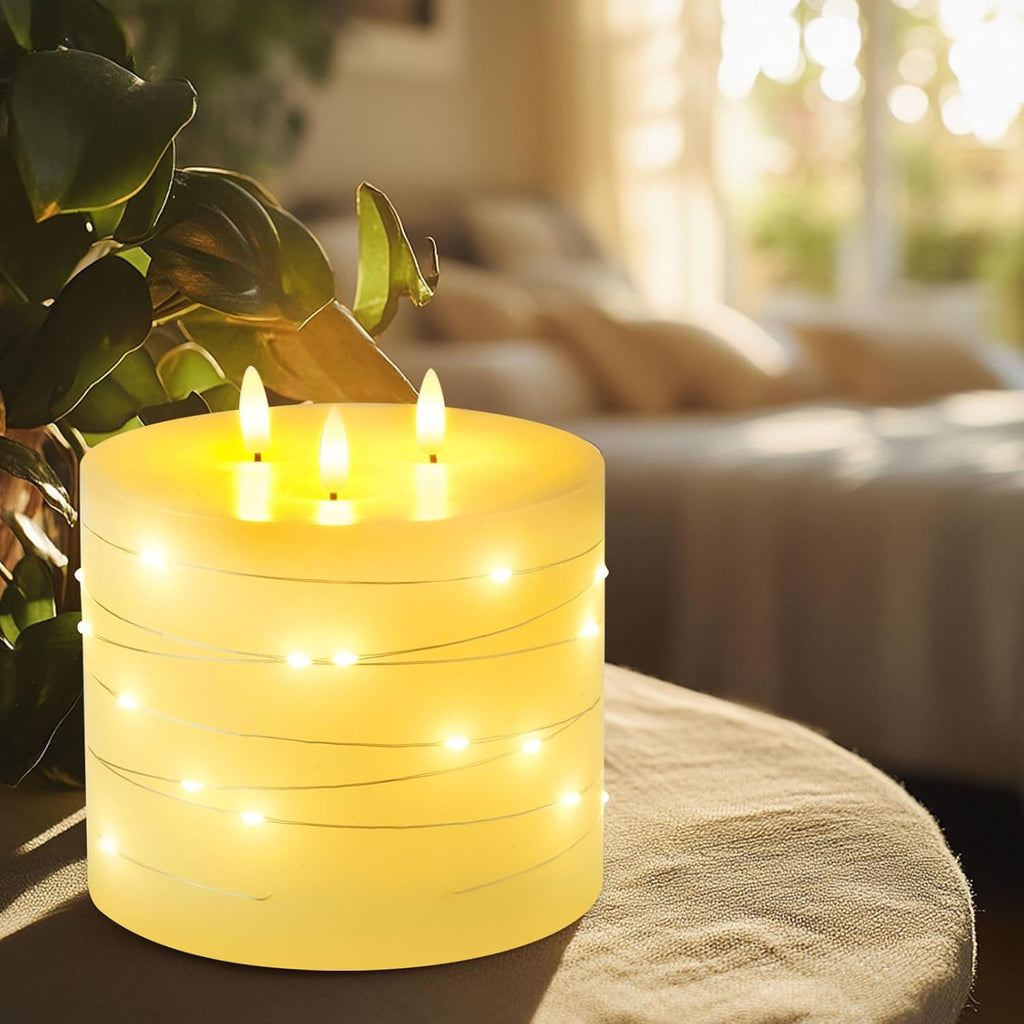 Amagic 6"x6" Extra Large Flameless Candles with 3 Wicks, Battery Operated Candles with Remote Control and Timer, LED Pillar Candles with Bling String Light, Real Wax, Realistic 3D Wick, Ivory