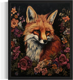 Fox and Flower Poster Art Print, Halloween Scary Vintage Wall Art Academia Spooky Painting Decoration for Horror Prints, Gothic Posters Bedroom Decor 89 (Fox and Flower, 16 x 20 inches, Black Frame)