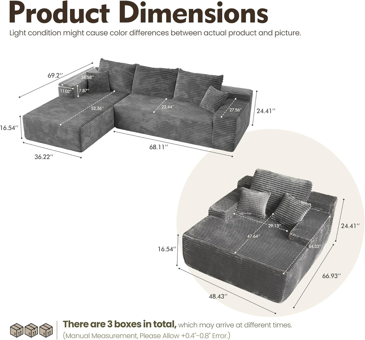 HOOOWOOO Cloud Sectional Couches for Living Room,Modular Sectional Sofa No Assembly,Plush Corduroy Large Floor Couch Furniture Set with Deep Seat Left L Shape and Chaise Lounge(Gray)