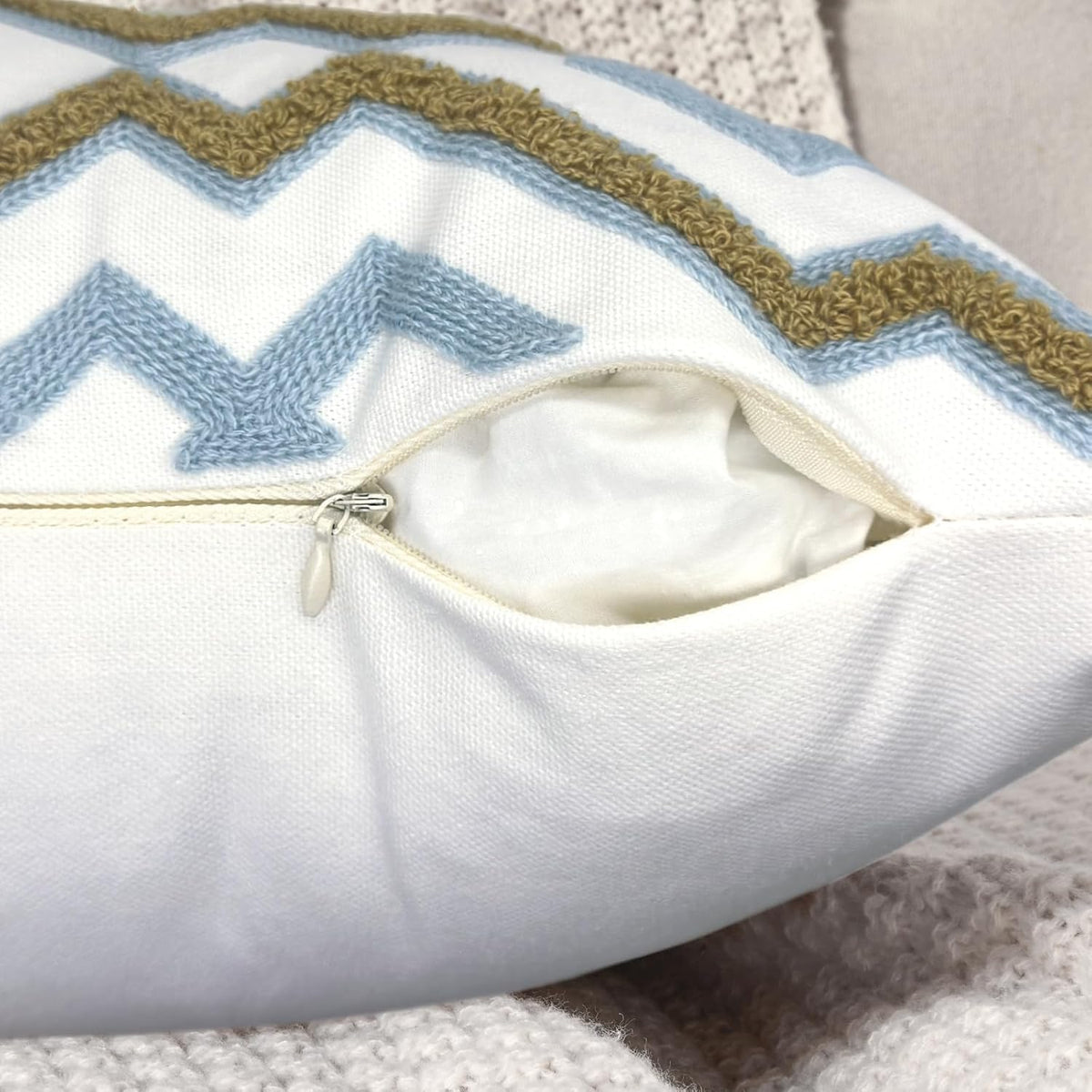 Alysheer Embroidered Lumbar Decorative Throw Pillow Cover 12"x 20", Classic Boho Geometric Embroidery Pattern Cotton Rectangular Cushion Case for Sofa Couch Living Room Bedroom (Blue Khaki)