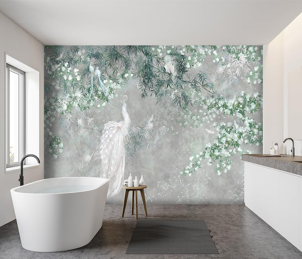-Green Leaf Botanical Peacock Fabric Wallpaper Wallpaper Living Room Bedroom Bathroom Grey Plant Large Wall Mural- 137"x96"（ not Peel and Stick）