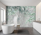 -Green Leaf Botanical Peacock Fabric Wallpaper Wallpaper Living Room Bedroom Bathroom Grey Plant Large Wall Mural- 137"x96"（ not Peel and Stick）