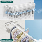 Hoimpro White 51" Clothes Drying Rack Retractable Foldable Wall Mounted, Tri-Fold Space Saving Collapsible for Hanging Clothing Coat, Ideal for Patio, Laundry Room Organization and Storage, Bathroom