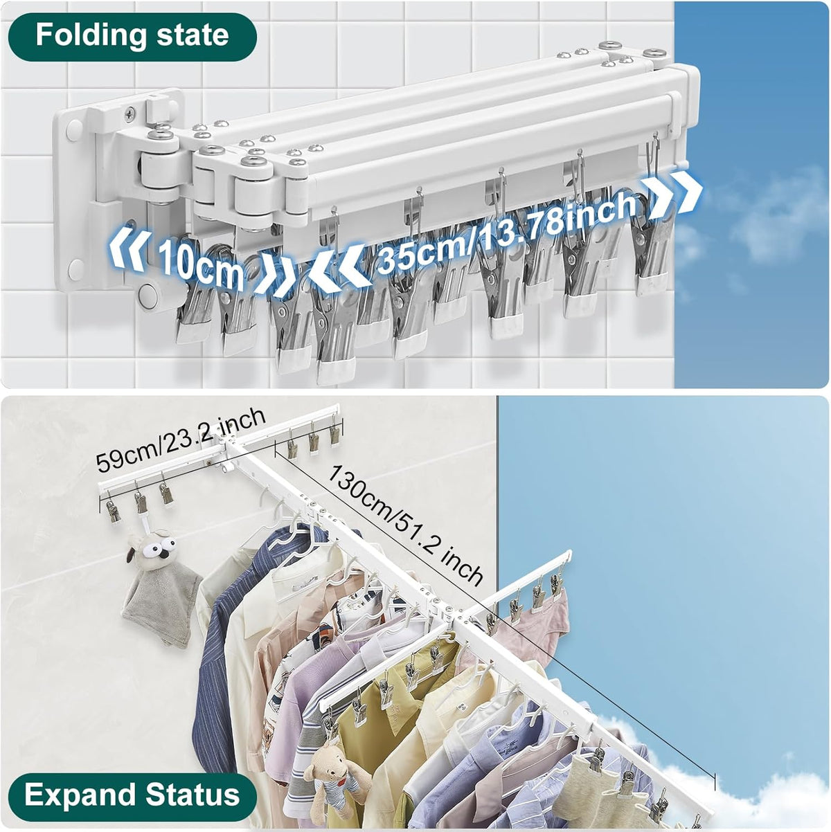 Hoimpro White 51" Clothes Drying Rack Retractable Foldable Wall Mounted, Tri-Fold Space Saving Collapsible for Hanging Clothing Coat, Ideal for Patio, Laundry Room Organization and Storage, Bathroom