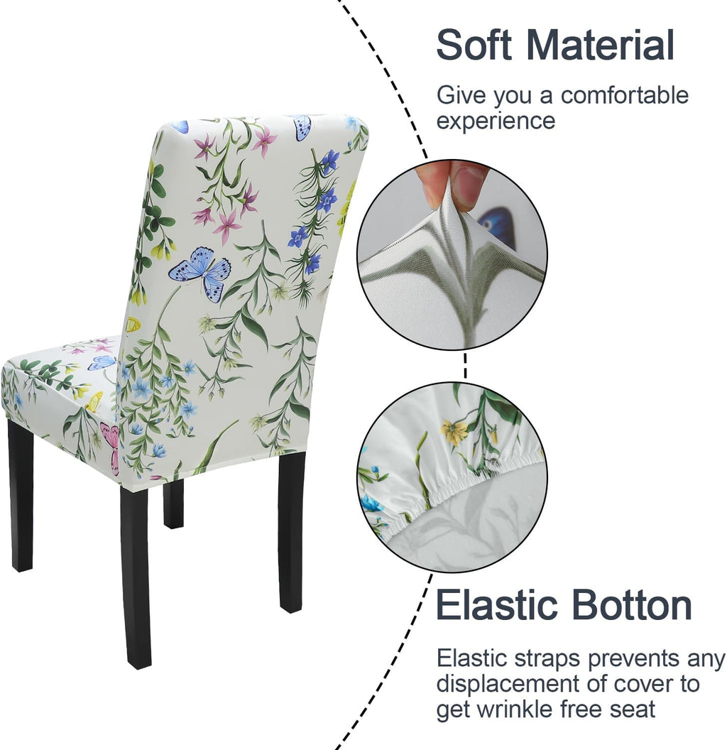 JQinHome Pattern Chair Covers for Dining Room Set of 6, High Stretch Removable Washable Parsons Chair Slipcover for Home Party Hotel Wedding Ceremony (Flowering Butterflies,6PCS)
