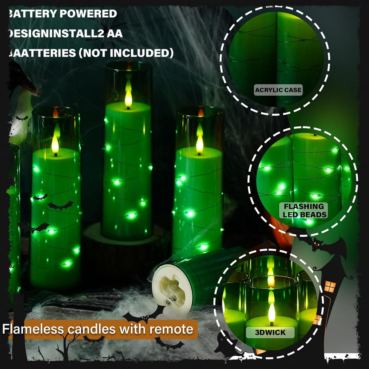Flickering Flameless LED Candles,Battery Operated Candles 9 Pcs with Embedded Star String,Acrylic LED Pillar Candles with Remote,Suitable for Home Decoration to Create an Atmosphere (Green)