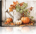 Autumn Pumpkin and Watering Can Canvas Wall Art, Rustic Fall Leaves Print Farmhouse Picture for Thanksgiving Decorations, Fall Wall Art Decor Ready to Hang