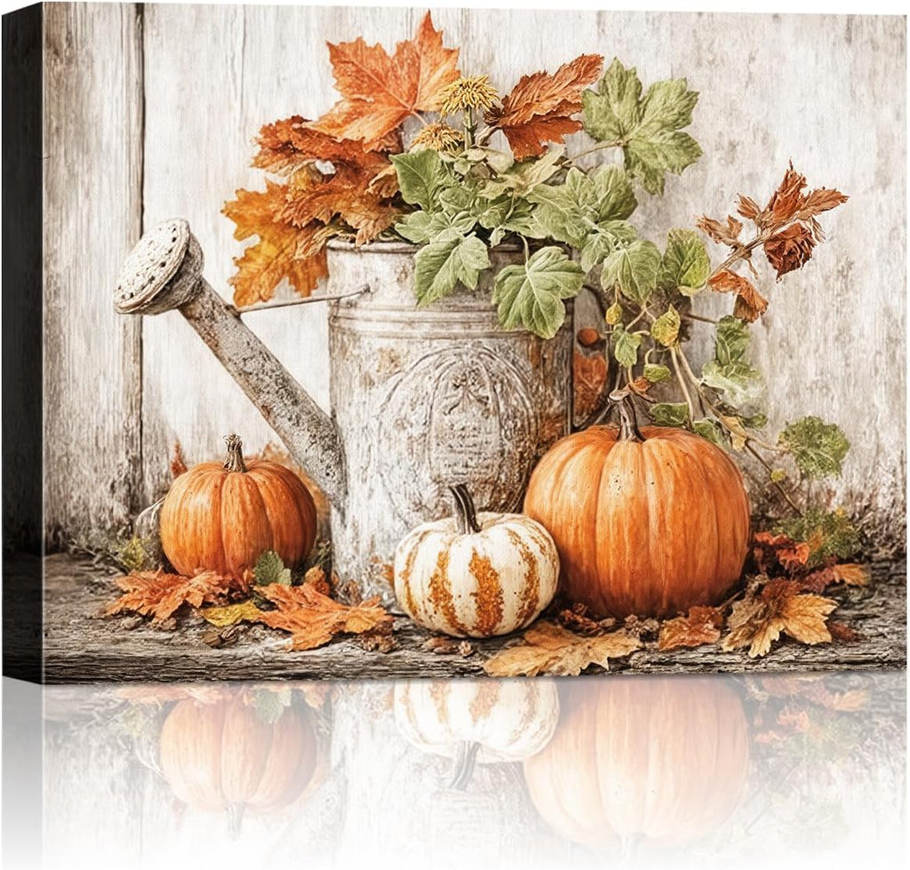 Autumn Pumpkin and Watering Can Canvas Wall Art, Rustic Fall Leaves Print Farmhouse Picture for Thanksgiving Decorations, Fall Wall Art Decor Ready to Hang