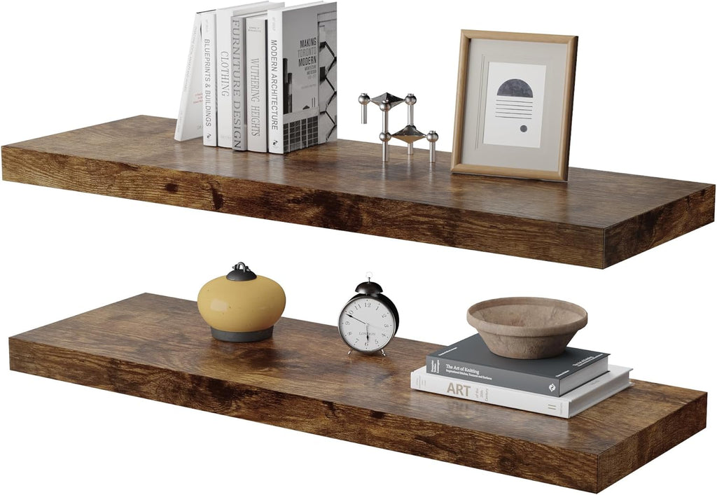 Large Floating Shelves for Wall Set of 2 Wooden Wall Shelves 36 in x 12.75 in x 2 in Room Decor Long Shelf with Invisible Wall Mount Bracket for Bedroom Kitchen Living Room Rustic Brown