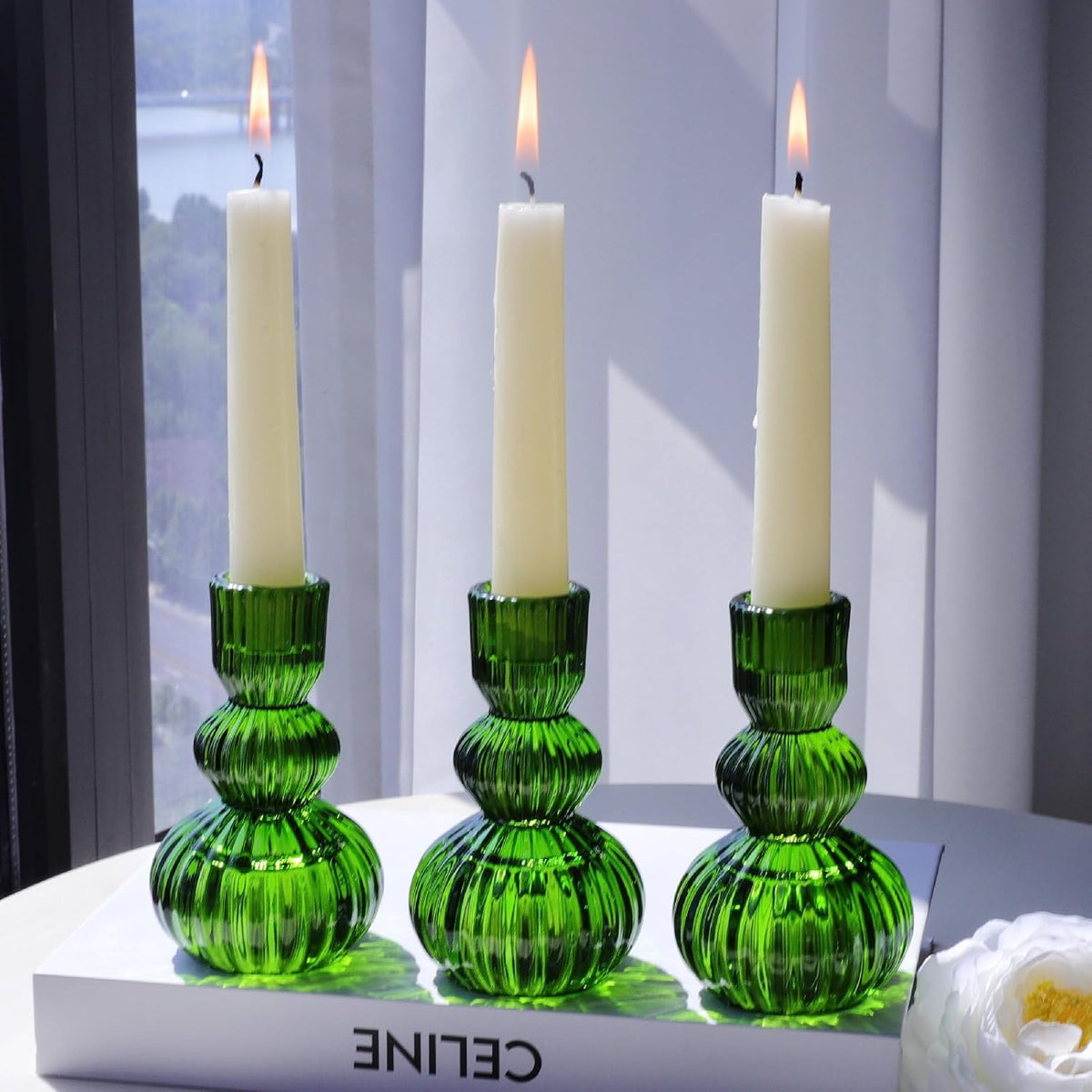 Woho Green Taper Candle Holders Set of 3 for Christmas Decorations, 4.3" H Ribbed Glass Candlestick Holders for Spring Wedding Table, Vintage Candle Sticks Holder Decor Home Decor