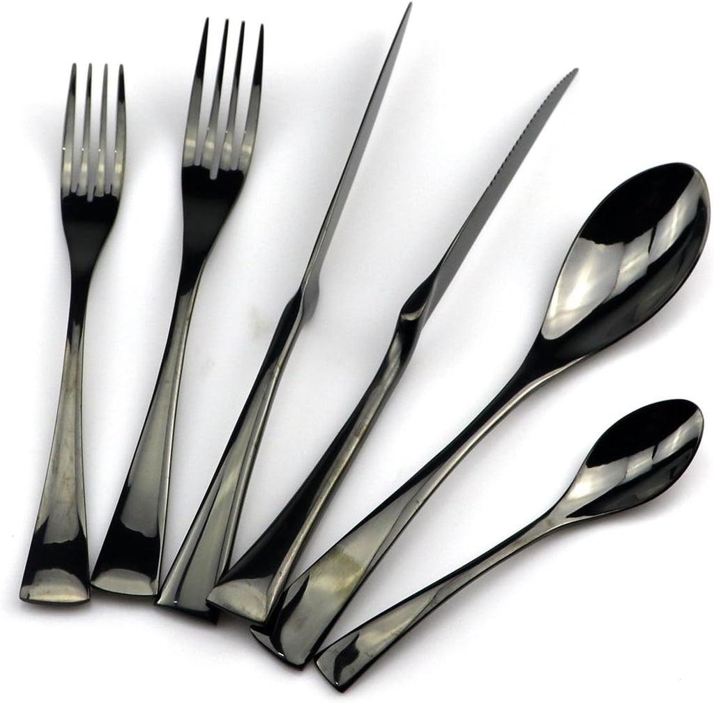 JASHII 18/10 Stainless Steel 24 Piece Mirror Polished Black Flatware Set,Dinner Knife Steak Knife Salad Fork Dessert Coffee Spoon，Service for 4 ，Black Utensil Sets