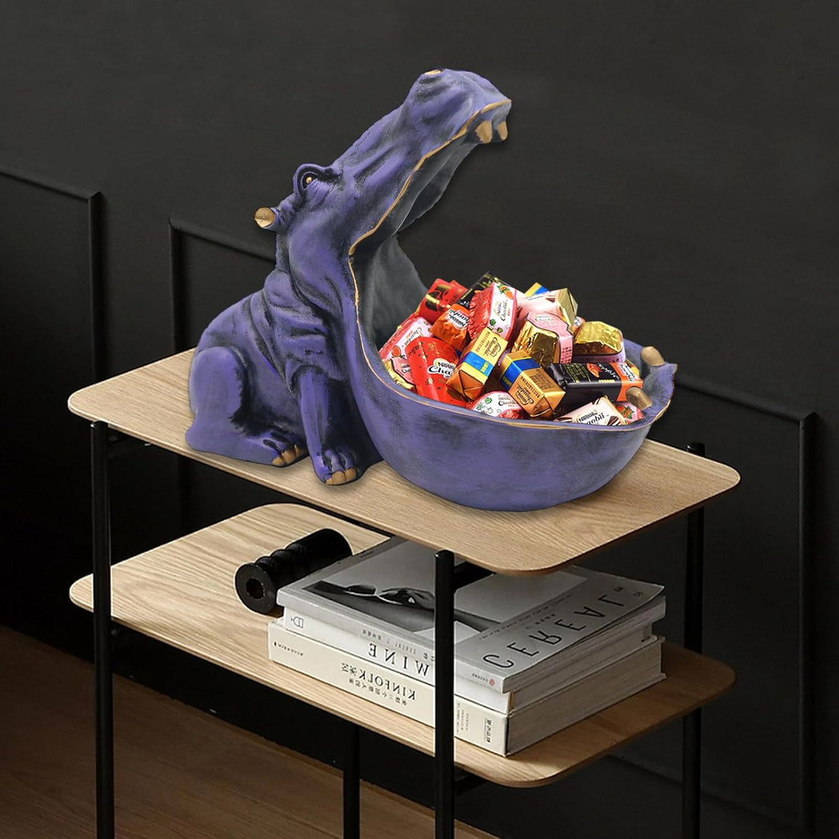 aboxoo Hippo Statue Home Resin Hippopotamus Figurine Fun Candy Dish,Key Bowl,Big Mouth Sculpture Table Art Decoration Sundries Container Storage Box (Purple)