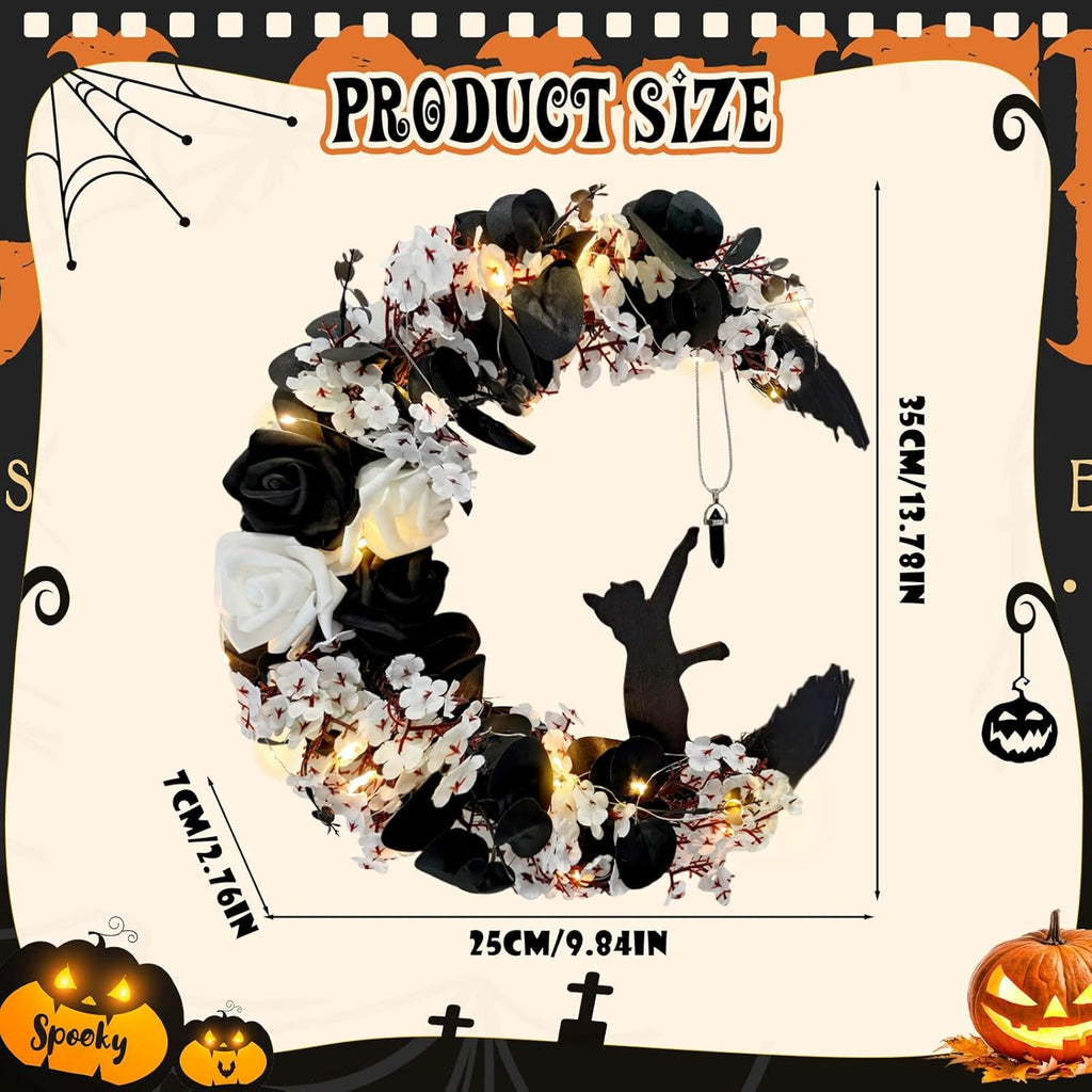 Halloween Wreaths for Front Door with Light, Black Cat Crescent Moon Wreath, Cute Cat Garland Halloween Door Decorations for Outdoor Indoor Decor Wall Window Home Party