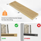 Floating Shelves for Wall, 36" W x 8" D x 1.5" H, Wooden Wall Mounted Display Shelves with Invisible Brackets for Living Room, Bedroom, Bathroom, Kitchen Decor and Storage, Set of 2, Oak
