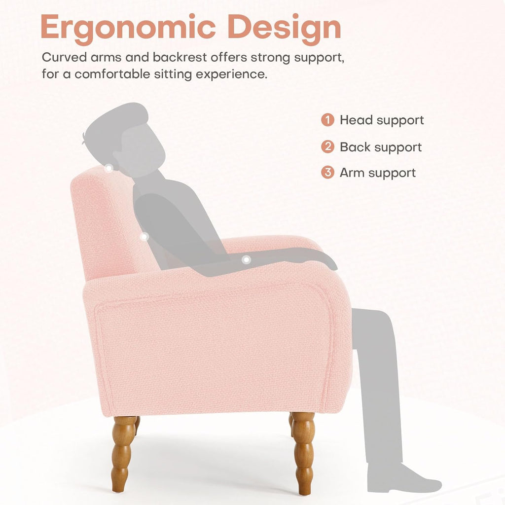 Chenille Fabric Accent Chair Set of 2, Upholstered Armchair with Solid Wood Legs, Modern Living Room Accent Chair, Comfy Single Sofa Chair Reading Club Chair for Bedroom Reception Lounge,Pink