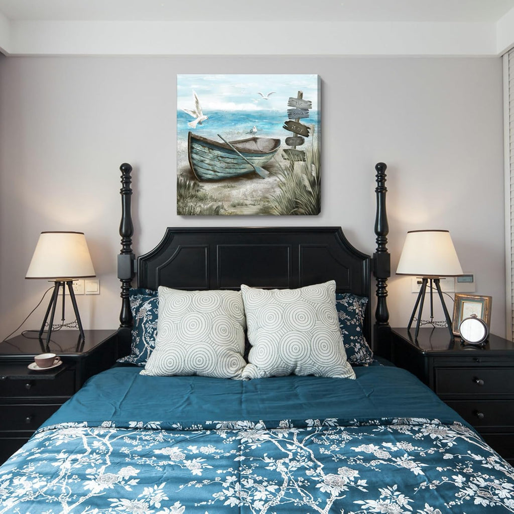 Canvas Wall Art Beach Décor Wall Picture Rustic Coastal Sand Canvas Print Ocean Nautical Painting Seascape Sea Bird Vintage Ship Boat Artwork for Seaside Living Room Bedroom Bathroom Decor Blue Large