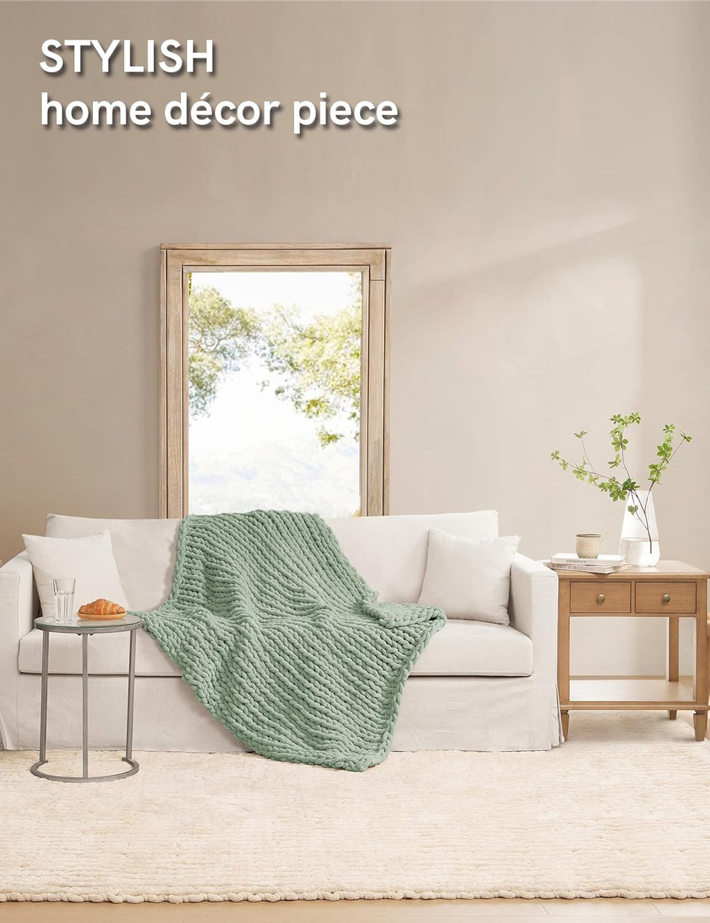 YnM Chunky Throw Blanket, Medium-Weight, Hand Knitted with Chenille Yarn, Skin Friendly, Ventilated and Breathable, Machine Washable, Home Décor Piece for Couch, Sofa and Bed (Sage Green, 40x50 Inch)