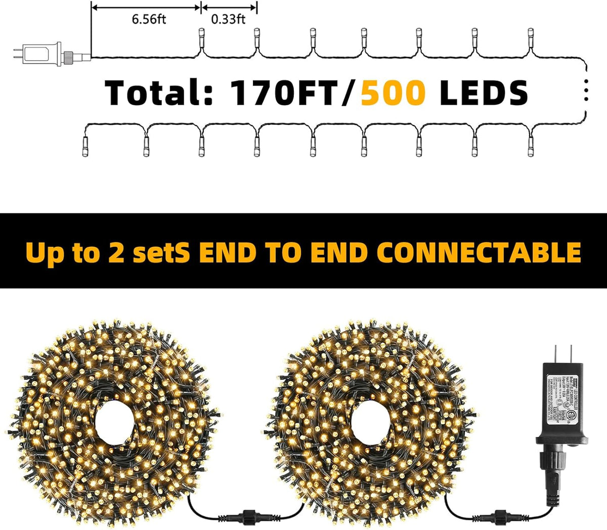 XTF2015 170FT 500 LED Christmas String Lights, Christmas Lights End to End Plug 8 Modes Memory Function with Timer, UL Certified Outdoor Indoor Fairy Light Christmas Tree, Patio, Party (Warm White)