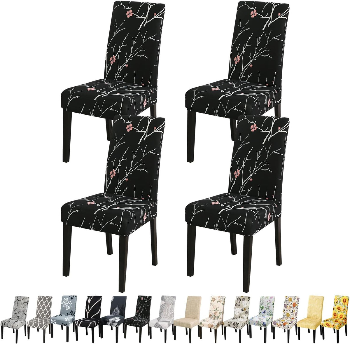 JQinHome Pattern Chair Covers for Dining Room Set of 4, High Stretch Removable Washable Parsons Chair Slipcover for Home Party Hotel Wedding Ceremony (Flourish Black,4PCS)