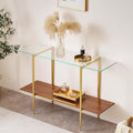 Extra Large Glass Console Table for Living Room, Foyer & Entrance, L47 x W16 x H31, Mid-Century Modern Sofa Table with Clear Glass Top, Walnut Finish Wood Top and Gold Finish Metal Frame
