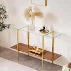 Extra Large Glass Console Table for Living Room, Foyer & Entrance, L47 x W16 x H31, Mid-Century Modern Sofa Table with Clear Glass Top, Walnut Finish Wood Top and Gold Finish Metal Frame