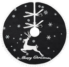 48 Inch Christmas Tree Skirt, Burlap Black Christmas Rustic Tree Skirt with Elk Deer and White Snowflake Printed for Holiday Party Xmas Tree Decoration