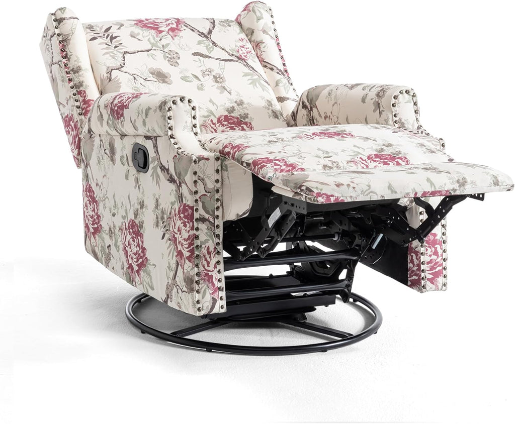 UIXE Swivel Rocker Manual Recliner Chairs Set of 2, Wingback Swivel Glider Fabric Nursery Reclining Sofa Chair, High Back Upholstered Arm Chair for Living Room Bedroom - Beige Floral