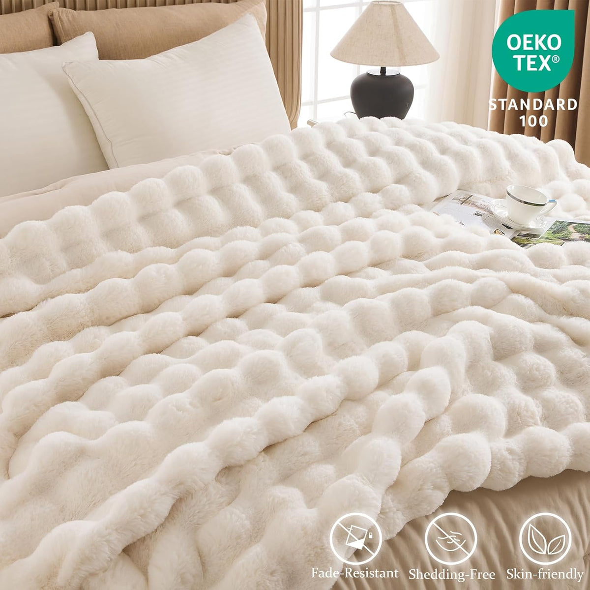 Cozy Faux Fur Throw Blanket for Bed-Warm Fuzzy Throw Blanket, Soft Plush Thick Bubble Blankets for Bedroom and Living Room, Furry Luxury Blanket, 60 x 80, Cream