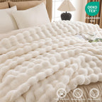 Cozy Faux Fur Throw Blanket for Bed-Warm Fuzzy Throw Blanket, Soft Plush Thick Bubble Blankets for Bedroom and Living Room, Furry Luxury Blanket, 90 x 108, Cream