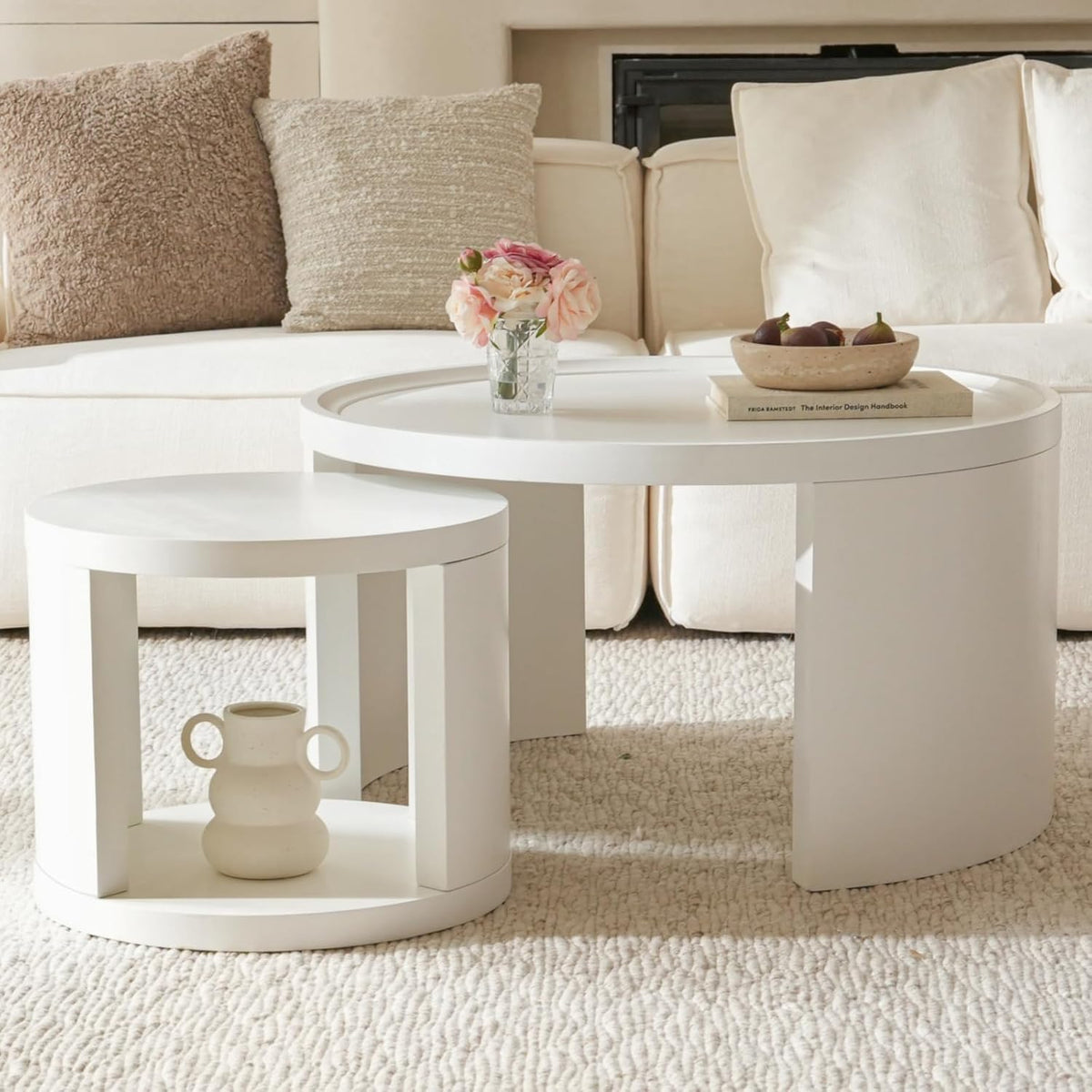 Round Nesting Coffee Table Set of 2,31.5" Large & 18" Small Low Tables with Wood Look Top,Space-Saving Side Tables for Living Room,Bedroom,Office,Minimalist Center Table Set (White, L+S)