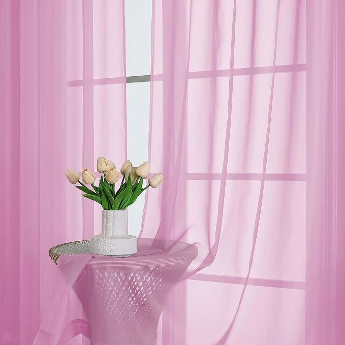 Chyhomenyc Pink Sheer Curtains 84 Inches Long 2 Panels, Light Filtering Pink - Image 2